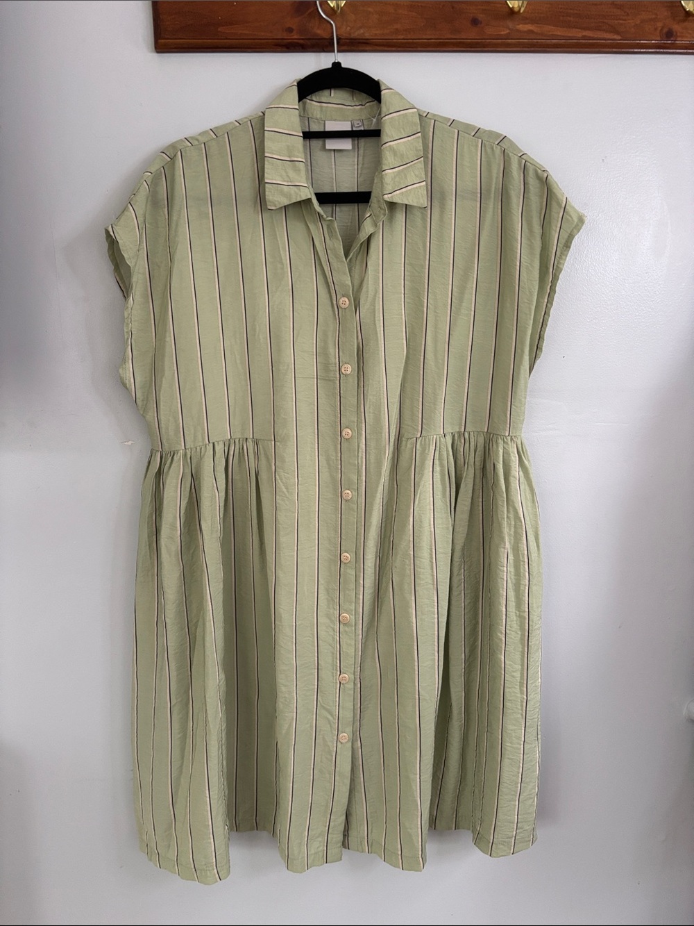 Striped Sage Green Button-Front Mini Dress